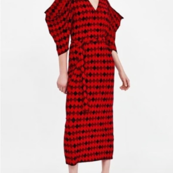 NWT Zara Red Black Belted Tie Geometric Argyle Pattern Chic Maxi‎ Dress Small S - Picture 4 of 7